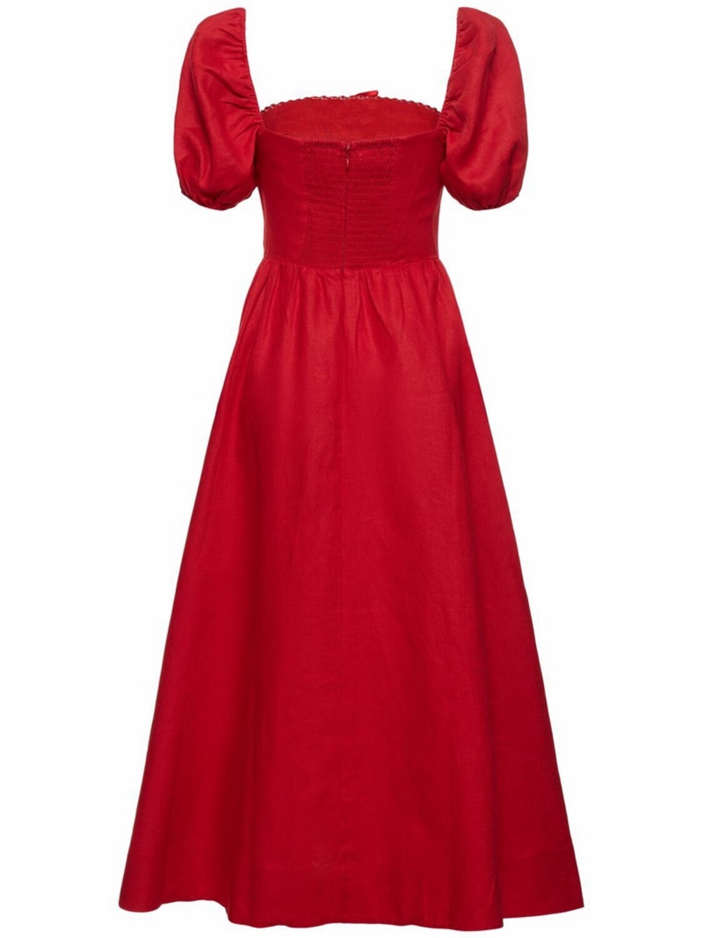 Reformation Marella Red Puff-Sleeve Square Neck Linen Midi Dress - Picture 3 of 9
